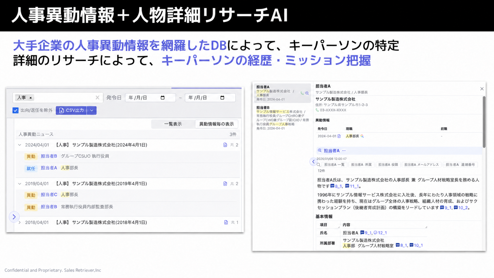 異動日と役職の変化を確認するSales Retrieverの人事異動一覧